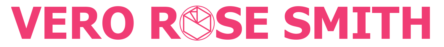 Logo for "Vero Rose Smith" - the words "Vero Rose Smith are rendered in hot pink letters and the "o" of "Rose" is a stylized rose symbol
